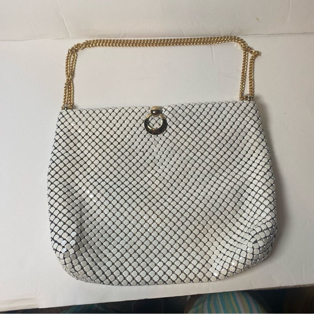 Whiting and Davis Vintage White Mesh Metal Purse W/Adjustable Gold Chain Strap